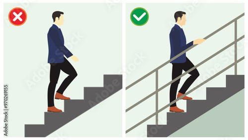 Safety do's and do not's vector illustration. Unsafe condition at staircase without handrail. Man walk on the stairs