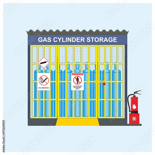 Temporary designated compressed gas tube storage for construction work facility vector illustration. With fire extinguisher, restricted area sign, and no smoking awareness.