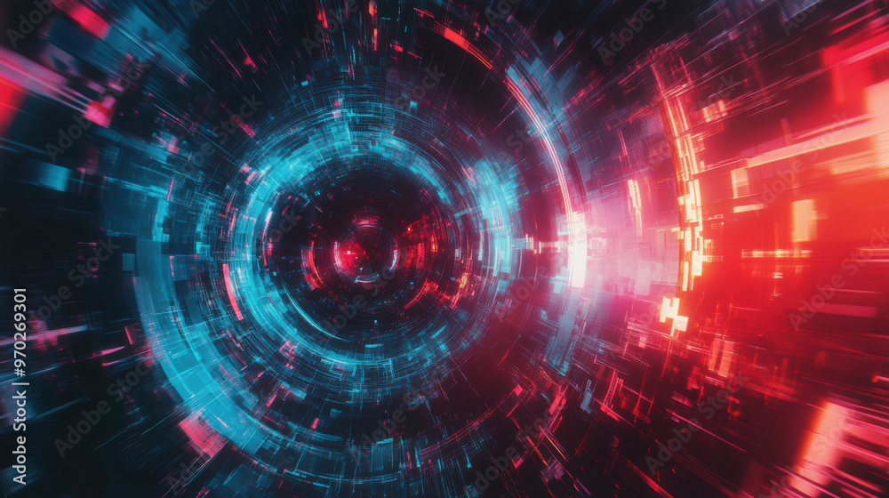 Dynamic digital tunnel with vibrant blue and red lights creating sense of motion and depth, evoking futuristic atmosphere Dynamic digital tunnel with vibrant blue and red lights creating sense of motion and depth, evoking futuristic atmosphere