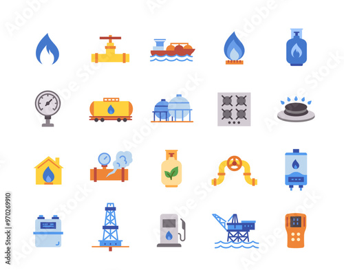 Set of natural gas line icons. Colorful signs with gas meter, gas pipeline, gas stove and fuel tank. Design element for app or website. Flat vector illustration collection