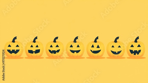 Happy Yellow Jack O Lanterns Halloween Pumpkins In A Row Spooky Trick Or Treat Theme photo