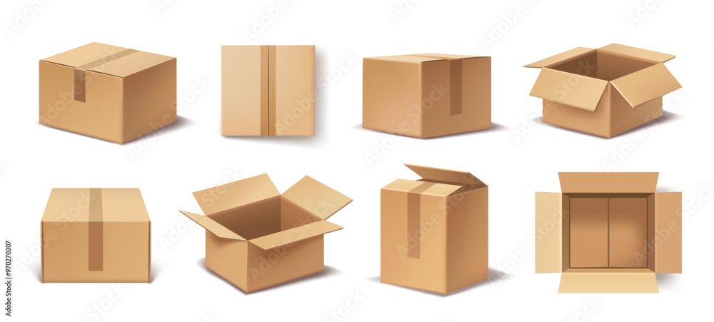 Set of realistic boxes. Front and top views of closed and open cardboard box mockups. Parcel delivery packaging. Design element for banner. 3D vector illustration collection Set of realistic boxes. Front and top views of closed and open cardboard box mockups. Parcel delivery packaging. Design element for banner. 3D vector illustration collection