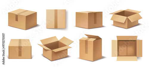 Set of realistic boxes. Front and top views of closed and open cardboard box mockups. Parcel delivery packaging. Design element for banner. 3D vector illustration collection