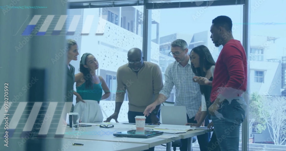 © vectorfusionart - Image of financial data processing over diverse business people in office