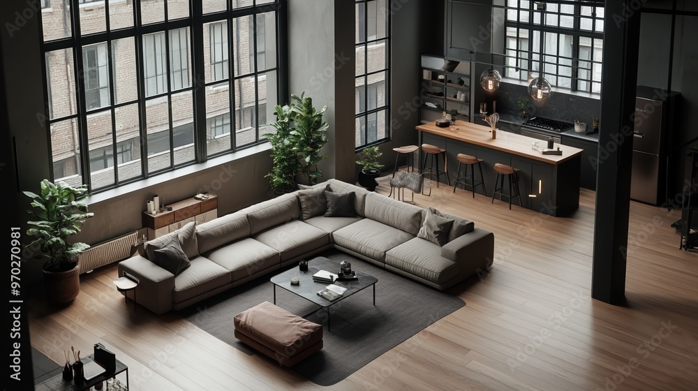 Spacious modern living room with natural light, stylish furniture, plants, and a cozy atmosphere for relaxation and gatherings.