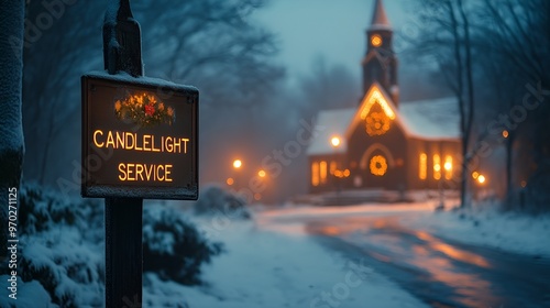 Sign that reads “CANDLELIGHT SERVICE” - Christmas service - church -snow - holiday - decorations - religious - ceremony - Christmas Eve 