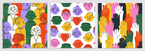 Diverse colorful people seamless pattern. Repeating templates with cute characters, hands and smiling faces. Friendship, community and team. Doodle vector illustration set