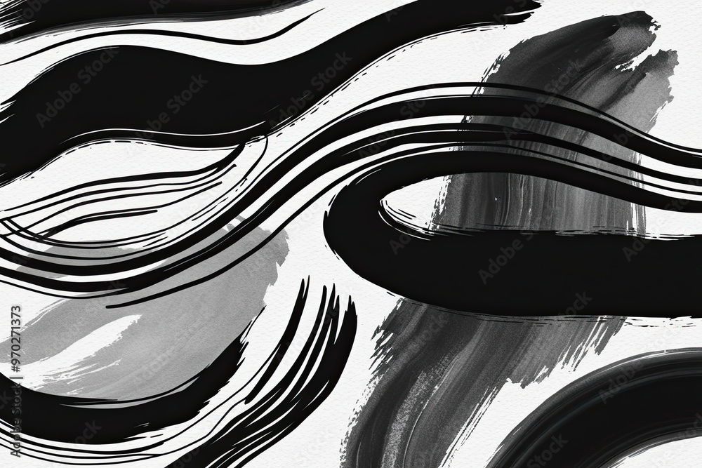 Black and White Abstract Design with Fluid Brush Strokes Wobbly Lines ...