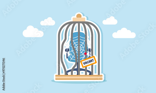 A spider webbed chair labeled vacant in a cage, showing a job with no applicants, illustration of A job opening with no applicants, showing an unattractive or unappealing position