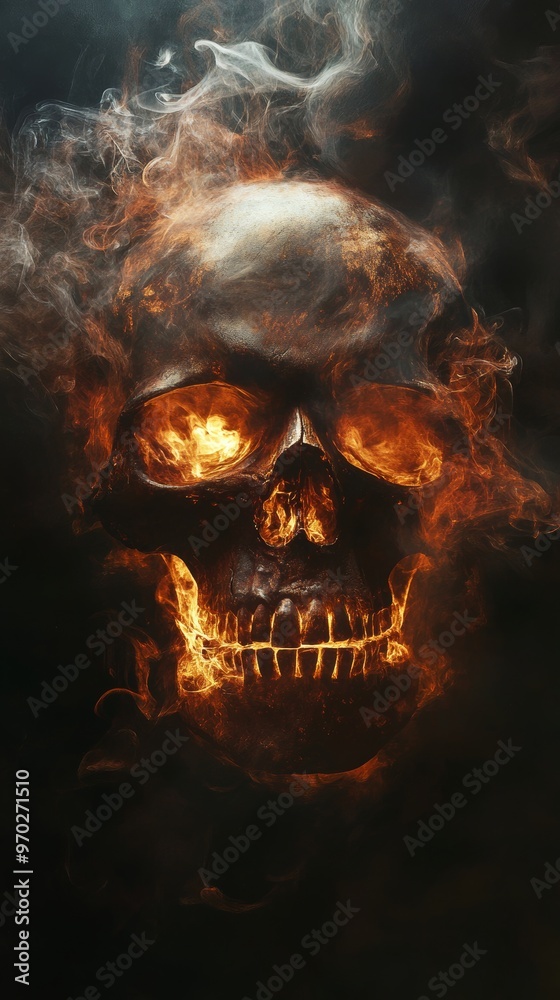 Burning skull surrounded by flames and smoke Burning skull surrounded by flames and smoke