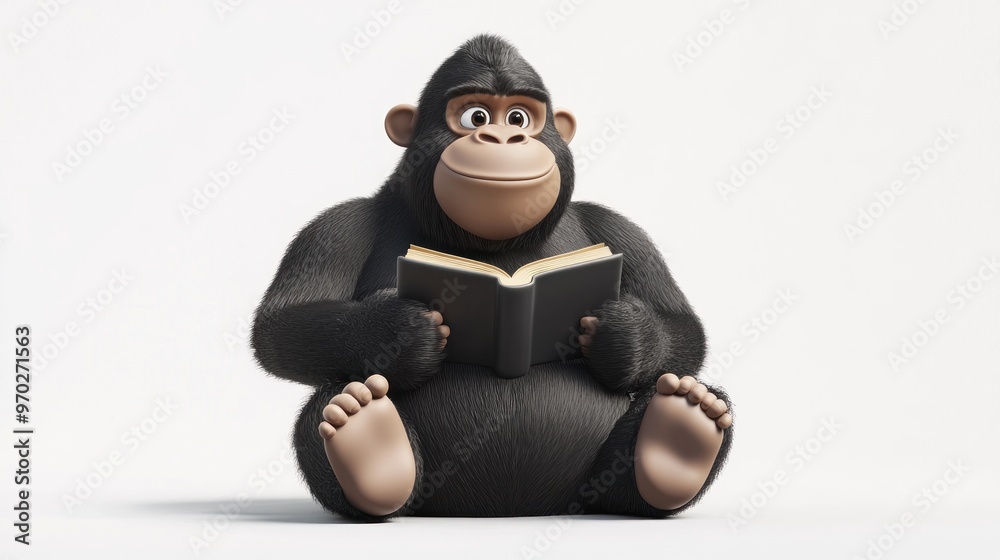 A cartoon gorilla sits reading a book, conveying a sense of curiosity and relaxation. A cartoon gorilla sits reading a book, conveying a sense of curiosity and relaxation.