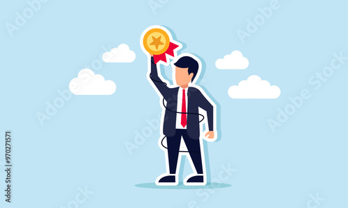 A businessman tied up with ropes, lifting an award medal, illustration of A businessman resilience and strong mindset to win an award despite business challenges