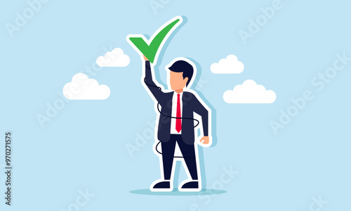 A businessman entangled in ropes, holding up a checkmark, illustration of A businessman strong resolve to achieve validation from others for his business success