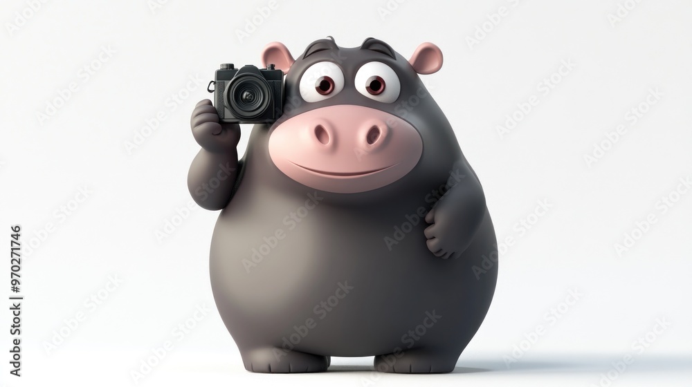 A cartoon hippo holding a camera, smiling and ready to take a picture. A cartoon hippo holding a camera, smiling and ready to take a picture.