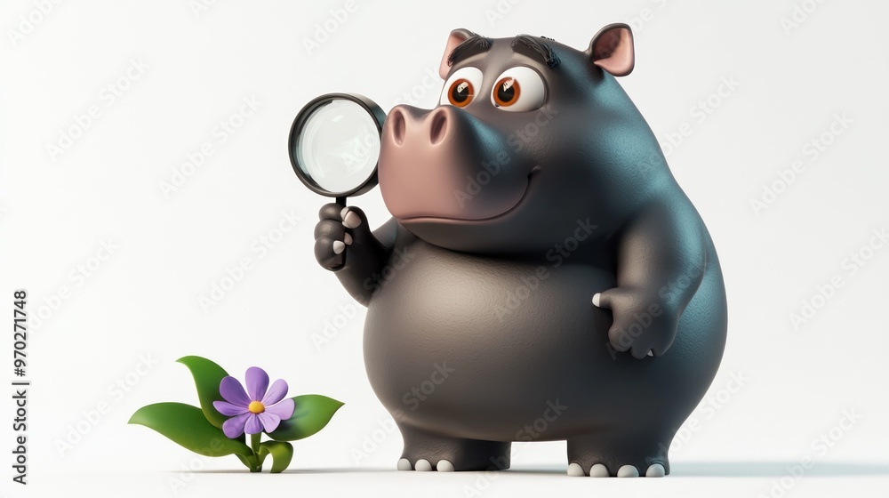 A cartoon hippo holding a magnifying glass next to a flower, conveying curiosity.
