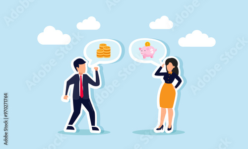 Wallpaper Mural A businessman and businesswoman discussing finance, investments, or profits symbolized by coins and a piggy bank, illustration of Discussion on managing personal or business finances Torontodigital.ca