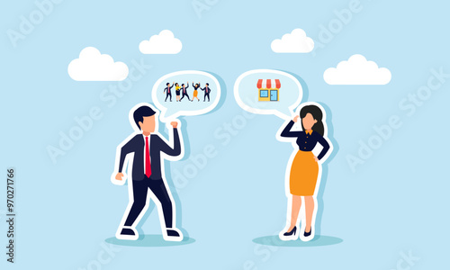 A businessman and businesswoman discussing market targets or segmentation, shown with many people and a supermarket, illustration of Discuss or brainstorming on business planning to analyze customer