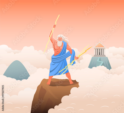 Greek God Zeus. Poster with father of Gods, god of lightning and thunder standing on top of Olympus. Character from ancient Greek mythology. Cartoon vector illustration