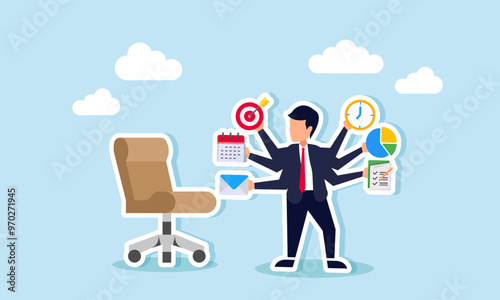 Businessman with many hands holding mail, calendar, targets, clock, diagram, and tasks, illustration of manage mail, setting agendas, establishing targets, scheduling, reporting, and presentations