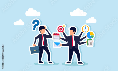 A multitasking businessman with many hands holding mail, calendar, targets, clock, diagram, and tasks, confusing partners, illustration of A businessman confused by the multitasking methods of partner