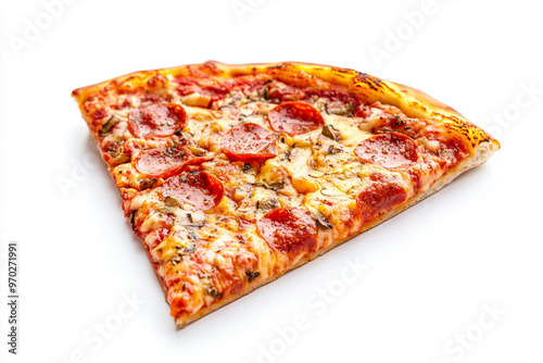 slice of pizza on white background