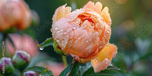 Bartzella Intersectional Peony Blossom on the Verge of Opening with Raindrop like Sparkles Enhancing the Petals Limited Focus Spring Garden Scene