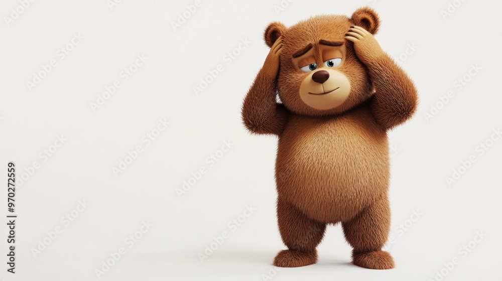 A cartoonish brown bear with a concerned expression, holding its head in a light setting. A cartoonish brown bear with a concerned expression, holding its head in a light setting.