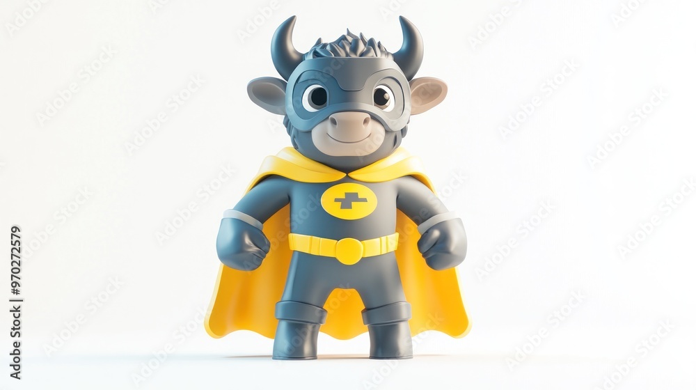 A cartoonish bull character dressed as a superhero with a cape and belt. A cartoonish bull character dressed as a superhero with a cape and belt.