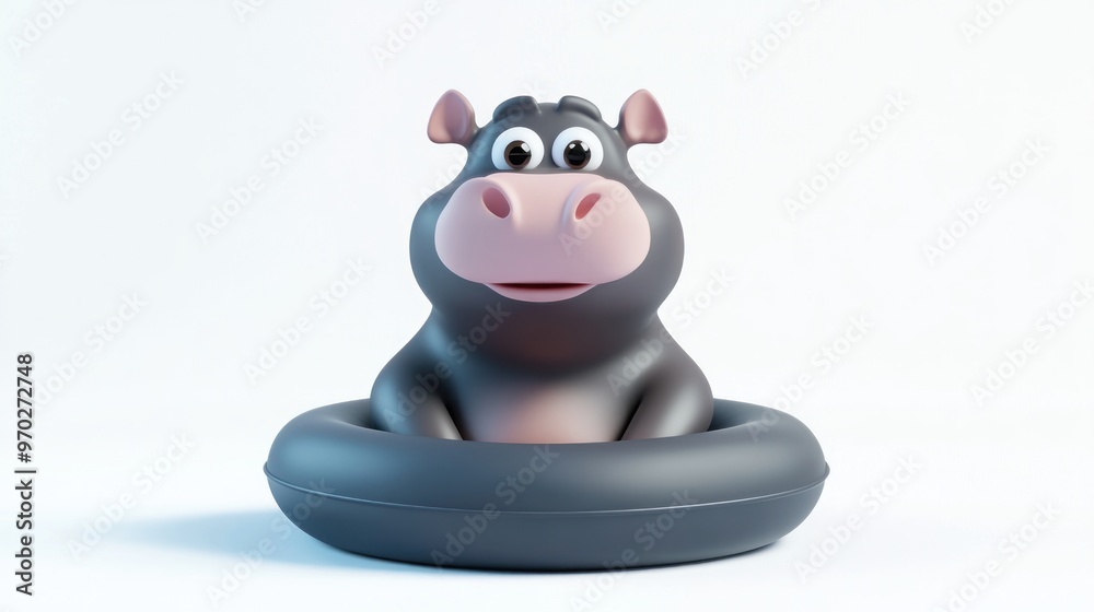 A cartoonish hippo character sitting in a black inflatable ring, designed for playful appeal. A cartoonish hippo character sitting in a black inflatable ring, designed for playful appeal.