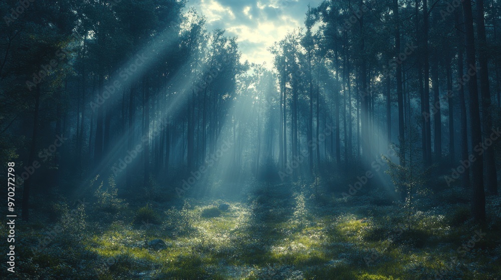 Obraz premium Sunbeams Illuminating a Misty Forest Path