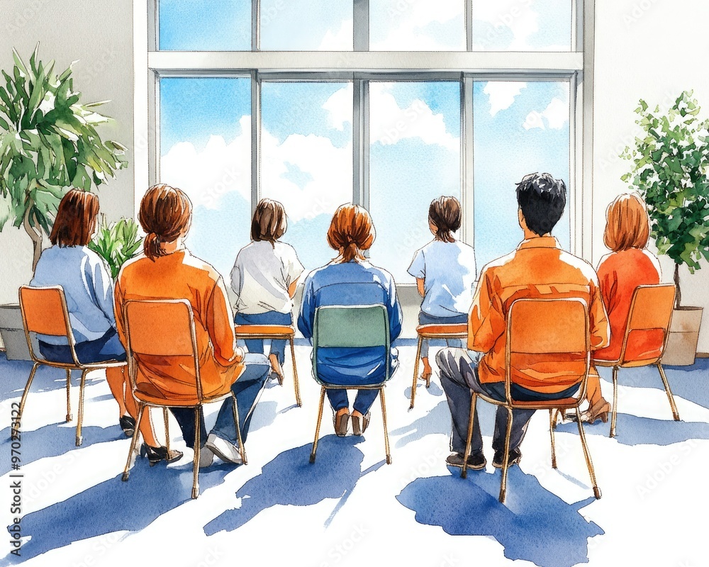 Obraz premium A group of diverse individuals attentively sits in chairs facing a bright window, showcasing a peaceful and collaborative atmosphere.