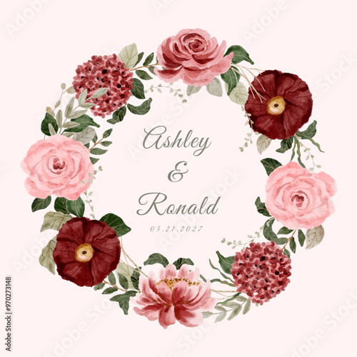 red pink romantic floral watercolor wreath