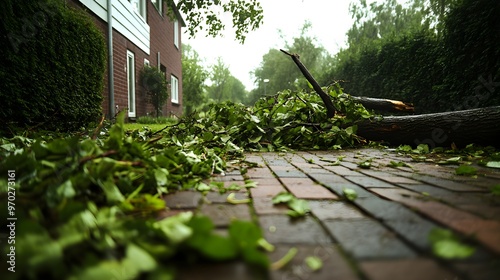 A picturesque yard turned into chaos by a storm, large trees toppled over onto the house, with debris strewn across what once was a peaceful garden photo