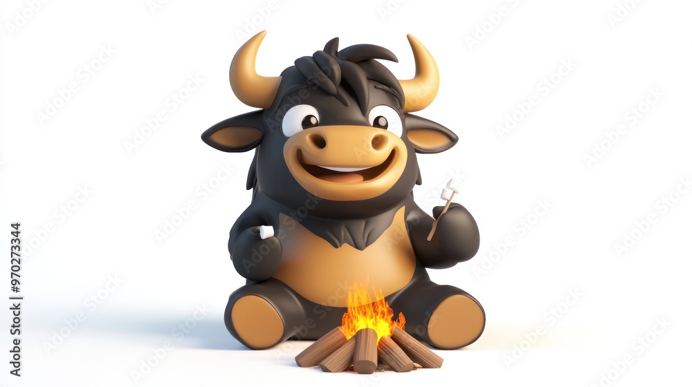 Naklejka premium A cheerful cartoon bull sitting by a campfire, roasting marshmallows.