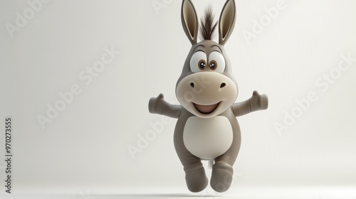 A cheerful cartoon donkey jumping with a big smile, conveying joy and playfulness.