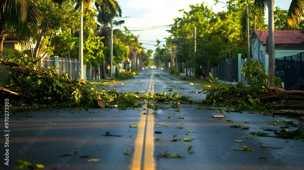 Naklejka premium A quiet residential street engulfed in chaos, with toppled trees, broken fences, and debris scattered across the road, a testament to recent turmoil