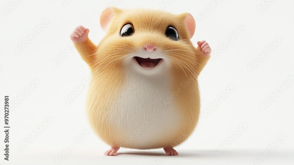 A cheerful cartoon hamster standing with raised arms, expressing happiness and excitement. A cheerful cartoon hamster standing with raised arms, expressing happiness and excitement.