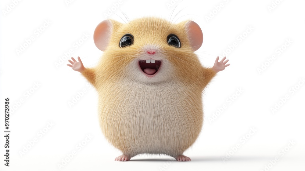 A cheerful cartoon hamster with a big smile, standing with arms raised in a playful pose. A cheerful cartoon hamster with a big smile, standing with arms raised in a playful pose.