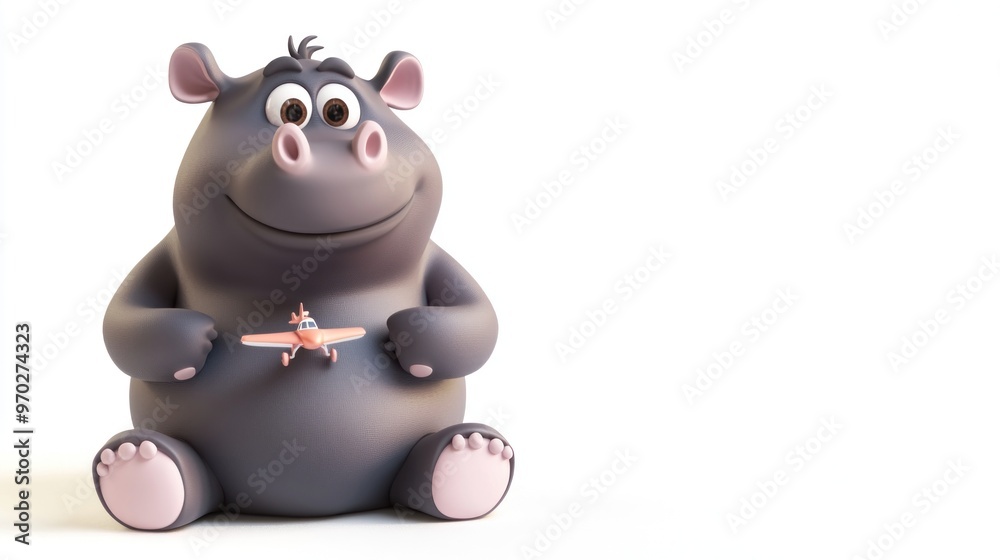 A cheerful cartoon hippo holding a toy airplane, exuding a playful and friendly vibe. A cheerful cartoon hippo holding a toy airplane, exuding a playful and friendly vibe.
