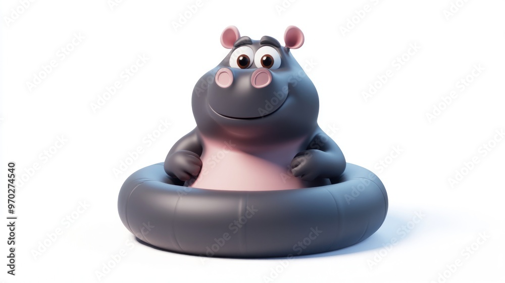 Fototapeta premium A cheerful cartoon hippo sitting in an inflatable ring, conveying a playful and fun vibe.