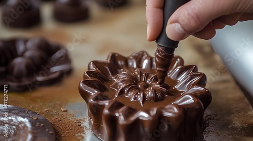 A hand piping melted chocolate into a decorative mold, creating a unique chocolate creation