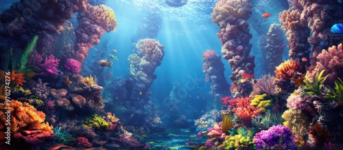 Digital illustration depicting a fantastical underwater landscape with uniquely shaped rocks and vibrant marine life