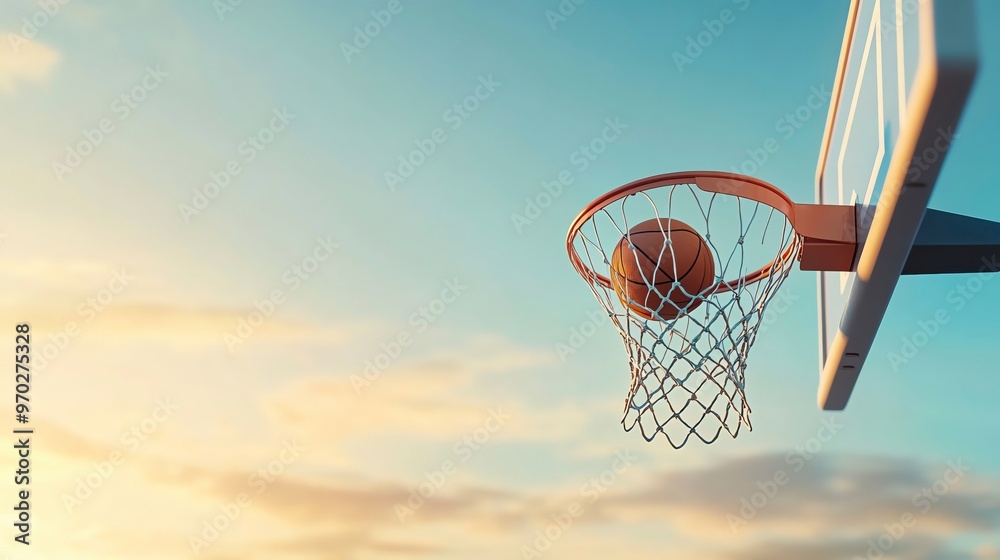 A basketball soaring through the air towards the hoop, illuminated by a vibrant sunset, showcasing the thrill of the game. A basketball soaring through the air towards the hoop, illuminated by a vibrant sunset, showcasing the thrill of the game.