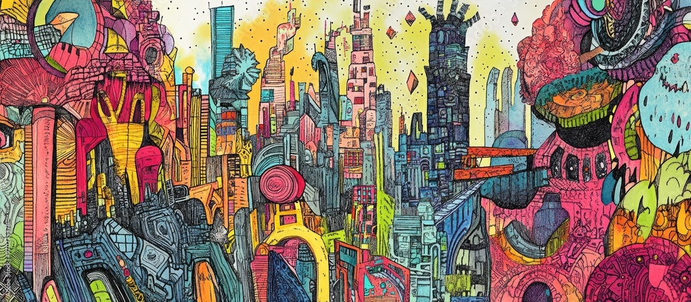 Obraz premium Hand drawn abstract representation of a vibrant city featuring fantastical elements and intricate structures Surreal landscape illustrated with ink on paper inspired by cityscapes and temples
