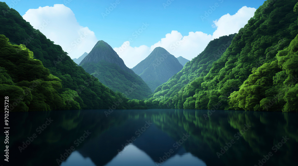Stunning landscape featuring lush mountains and a tranquil lake, reflecting the beauty of nature under a clear blue sky. Stunning landscape featuring lush mountains and a tranquil lake, reflecting the beauty of nature under a clear blue sky.