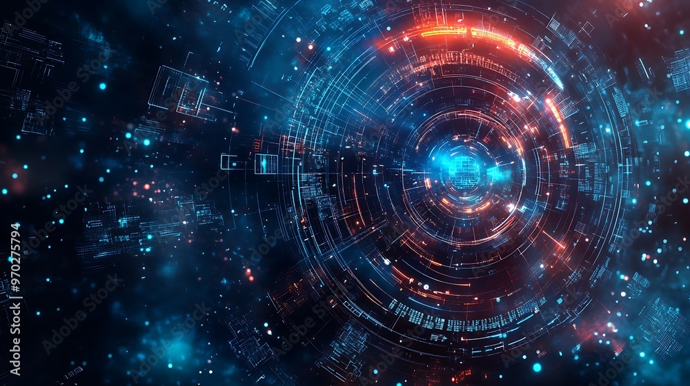 Abstract digital art with a glowing circle of blue and orange light. The background is a dark blue with scattered white, blue, and orange dots. Abstract digital art with a glowing circle of blue and orange light. The background is a dark blue with scattered white, blue, and orange dots.