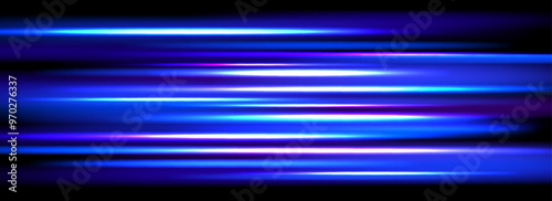 Neon glowing horizontal stripes background. Blue purple speed light effect. Magic trail flare lines texture. Luminous laser beams and rays wallpaper design. Sparkling neon streaks backdrop. Vector