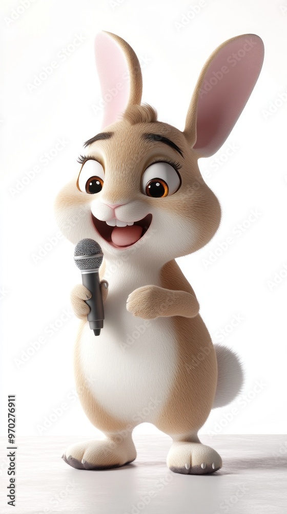A cheerful cartoon rabbit holding a microphone, ready to perform or sing. A cheerful cartoon rabbit holding a microphone, ready to perform or sing.