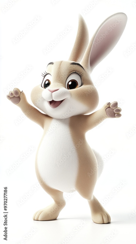 Fototapeta premium A cheerful cartoon rabbit with a light brown and white coat, standing with arms raised in joy.