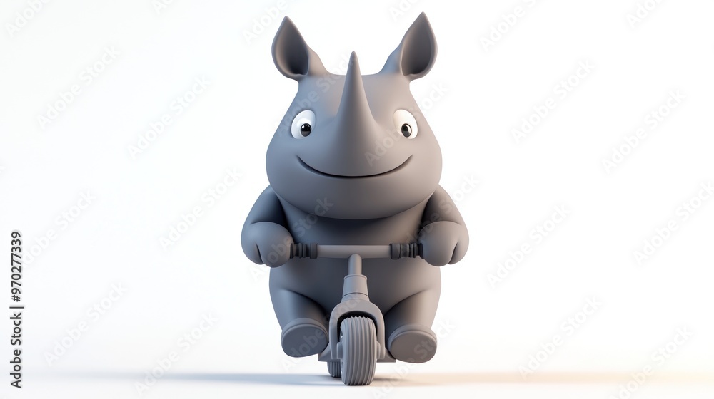 A cheerful cartoon rhinoceros riding a scooter, showcasing fun and playfulness. A cheerful cartoon rhinoceros riding a scooter, showcasing fun and playfulness.